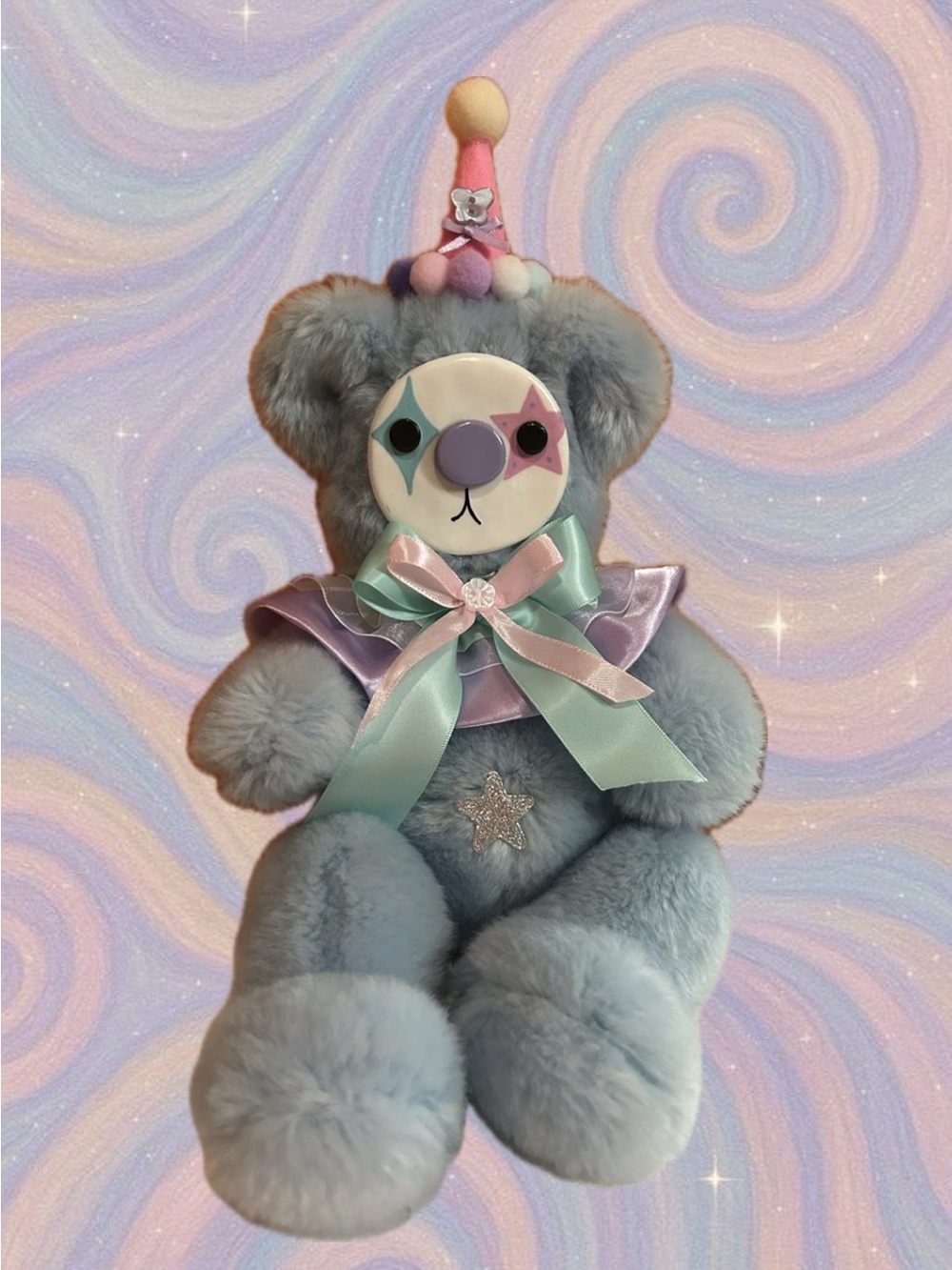 Plush Light Blue Clown Bear with Pastel Bow and Star